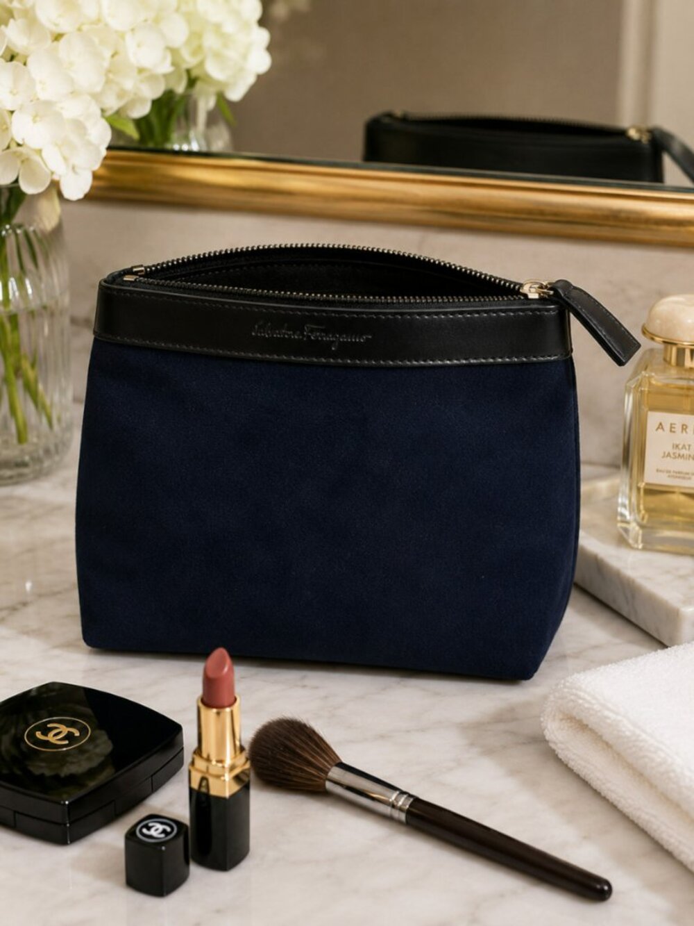 Salvatore Ferragamo Midnight Suede Look Cosmetic Travel Pouch Italy AU-22 9587 - Picture 7 of 8